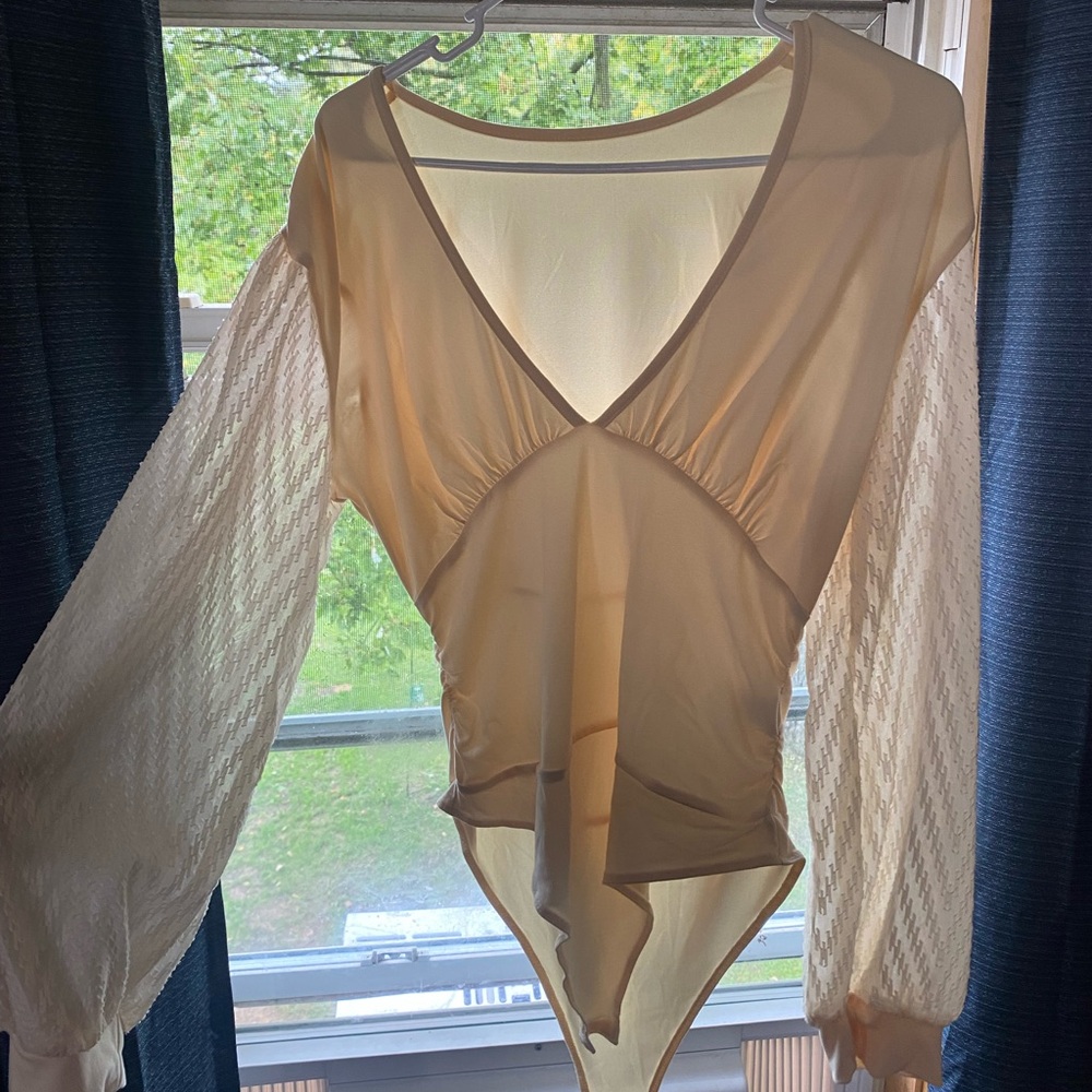 Amazon Cream Bodysuit with Sheer Sleeves